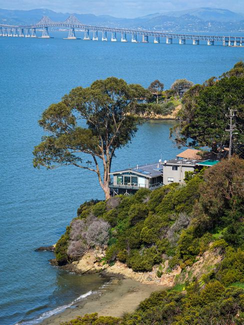 A coastal scene featuring a private residential property situated on a rocky, lush green hillside overlooking a large body of water. The house has a modern architectural style with a flat roof, large windows, and a balcony with a railing, partially obscured by mature trees and dense foliage. The hillside is densely covered with various types of greenery, including broad-leaved trees and shrubs, progressing down to a narrow sandy shoreline at the base of the slope. In the background, a long, expansive bridge with multiple supports spans across the water, connecting distant landmass, while mountains or hills are visible in the far distance under a clear blue sky. The image is brightly lit, highlighting the natural textures of the vegetation and water, and is captured from an elevated vantage point, emphasizing the proximity of the residence to the waterfront. This scene visually underscores peaceful private property with potential for alternative waste management or rubbish removal services from companies like Rubbish Collection Richmond.